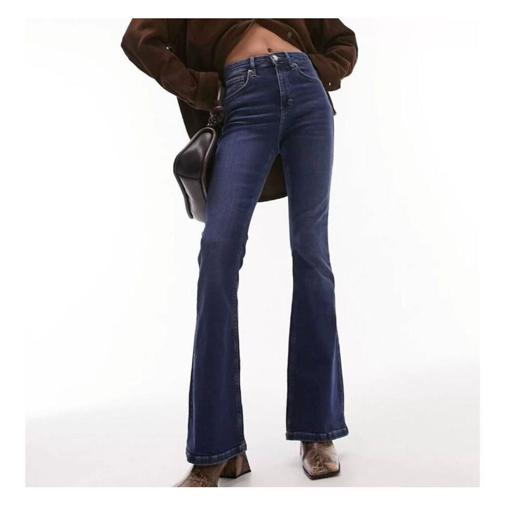 Topshop Dark Blue High-Rise Flare Jeans